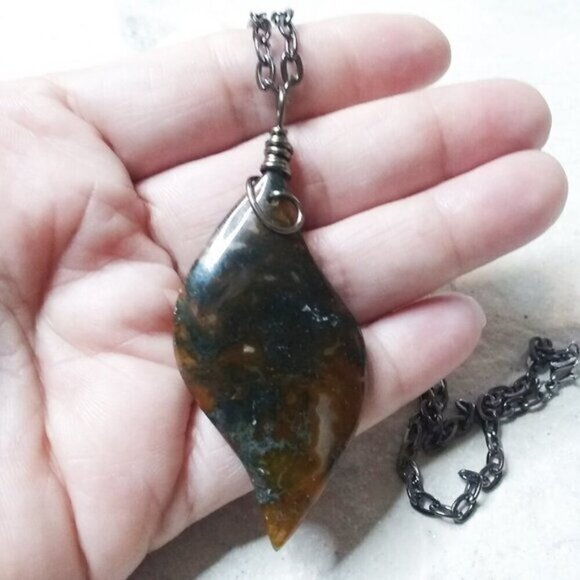 Semi-Translucent Dendritic Agate Flame Pendant + Chain! Dark, Masculine + Broody - Picture 3 of 8